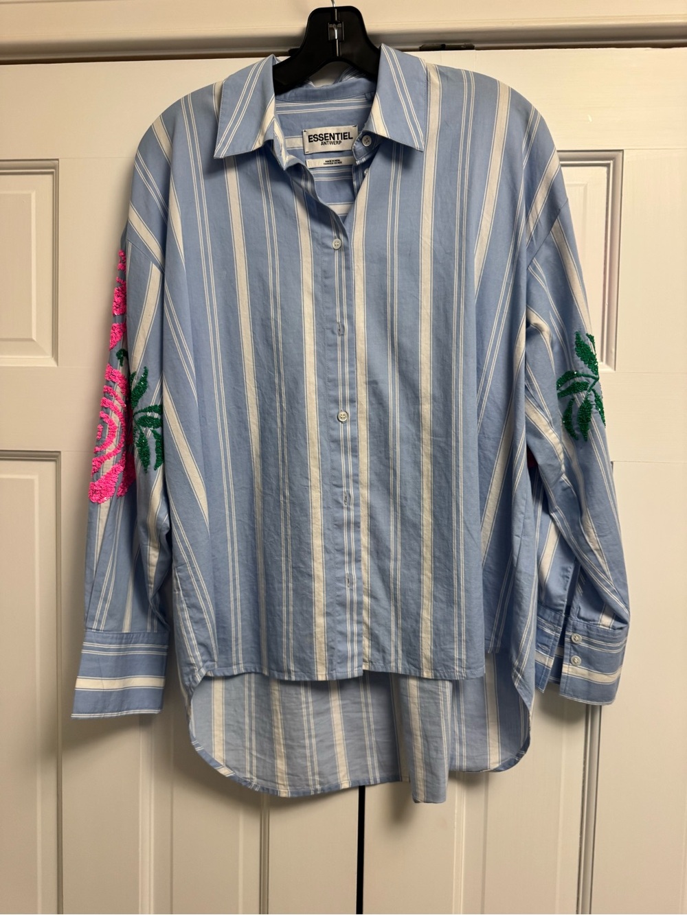 Essentiel Light Blue Striped Button-Down Shirt with Floral Embroidery